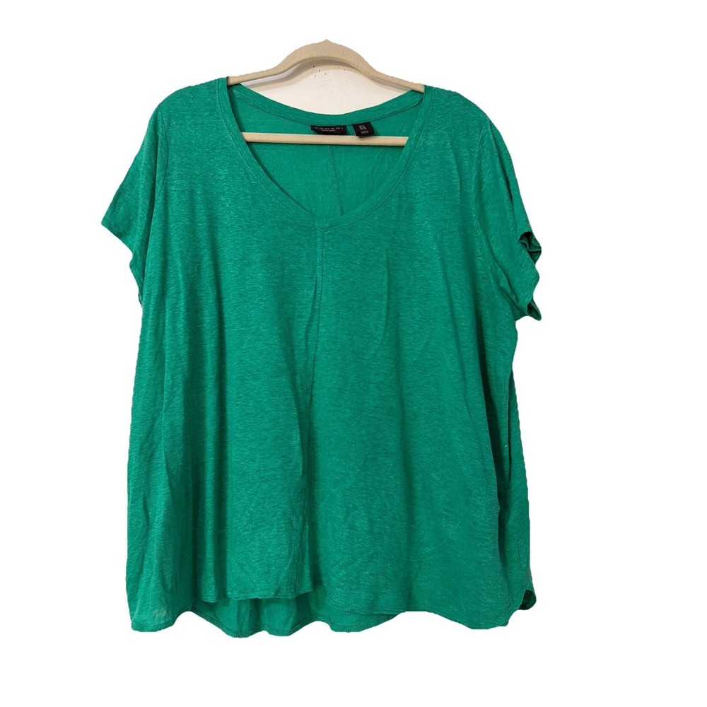 Tahari Linen Top Womens 1X Green Short Sleeve Tank Top V Neck LoganLook Boho